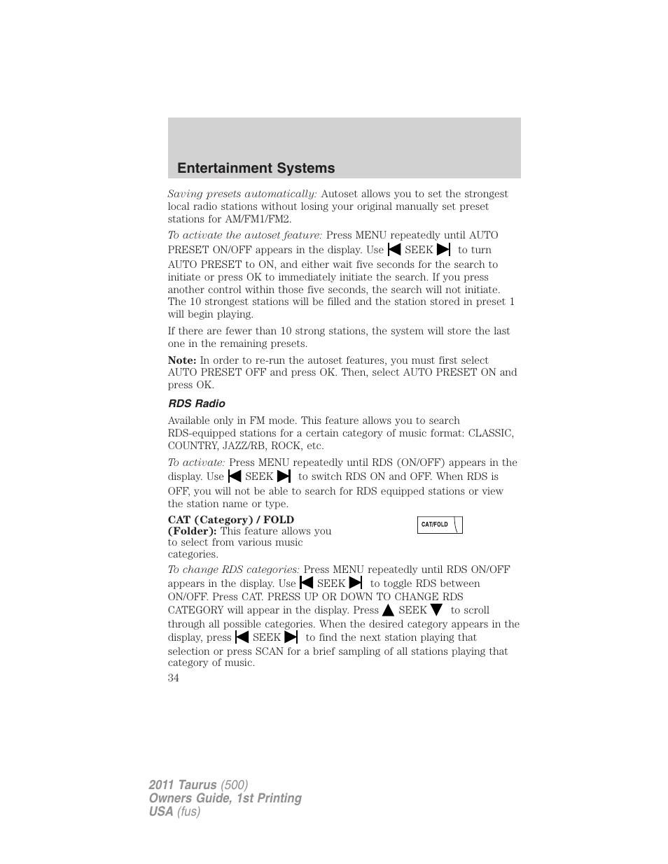 Rds radio, Entertainment systems | FORD 2011 Taurus v.1 User Manual | Page 34 / 406