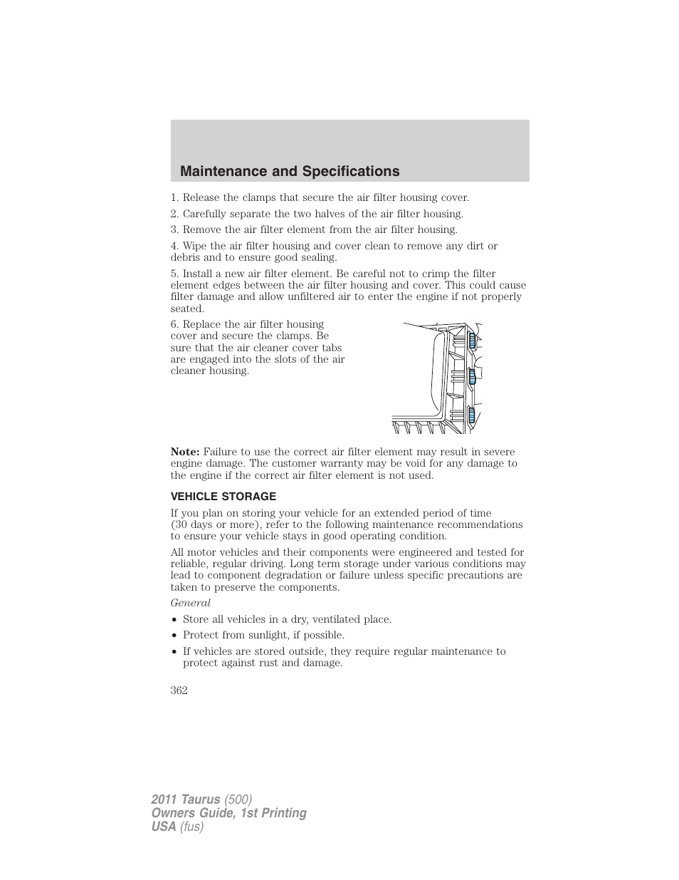 Vehicle storage, Maintenance and specifications | FORD 2011 Taurus v.1 User Manual | Page 362 / 406