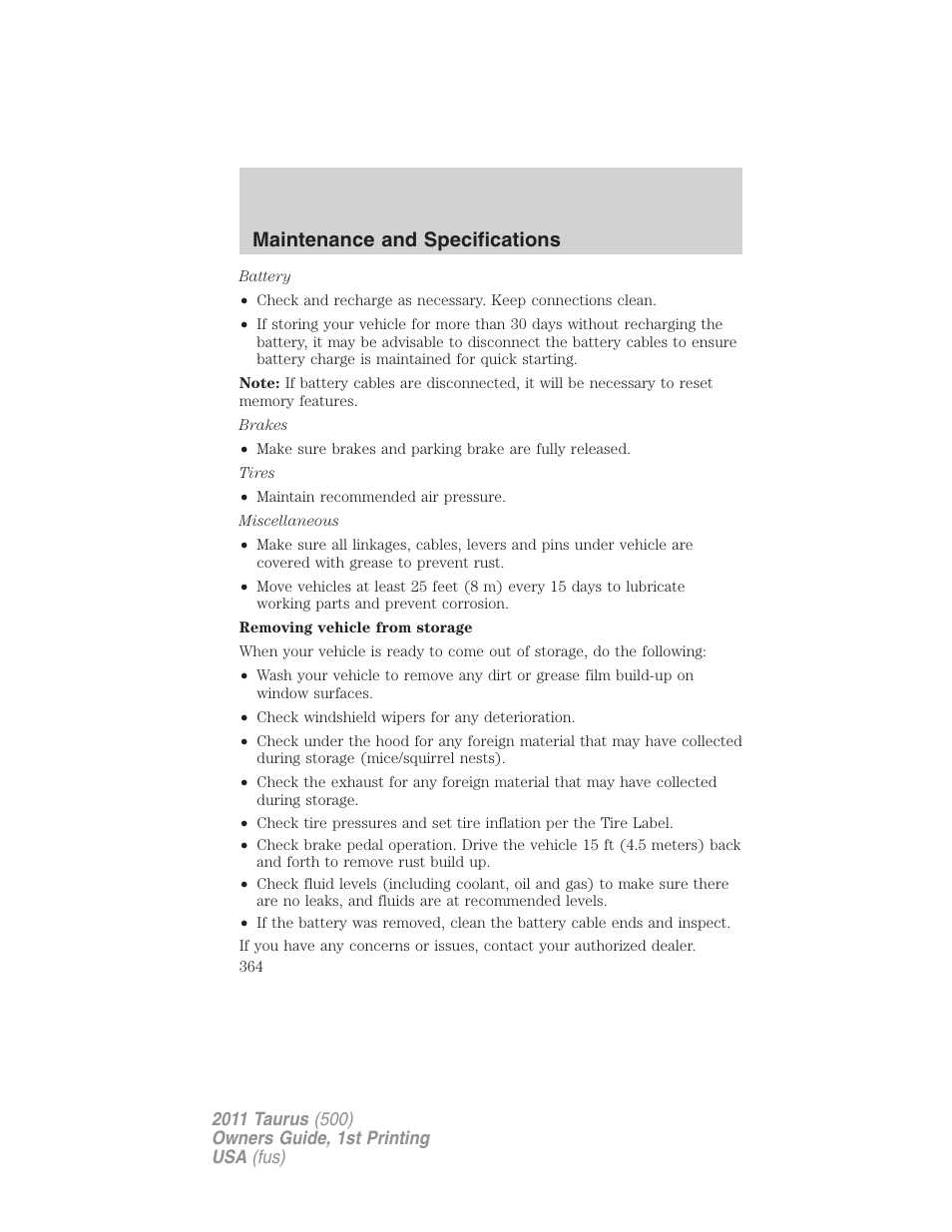 Maintenance and specifications | FORD 2011 Taurus v.1 User Manual | Page 364 / 406