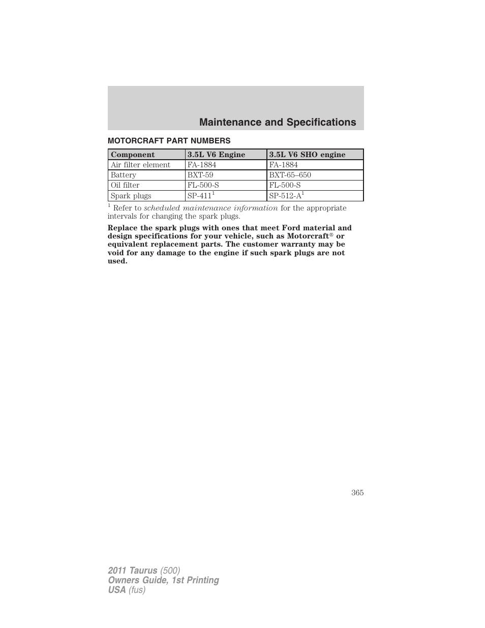 Motorcraft part numbers, Part numbers, Maintenance and specifications | FORD 2011 Taurus v.1 User Manual | Page 365 / 406