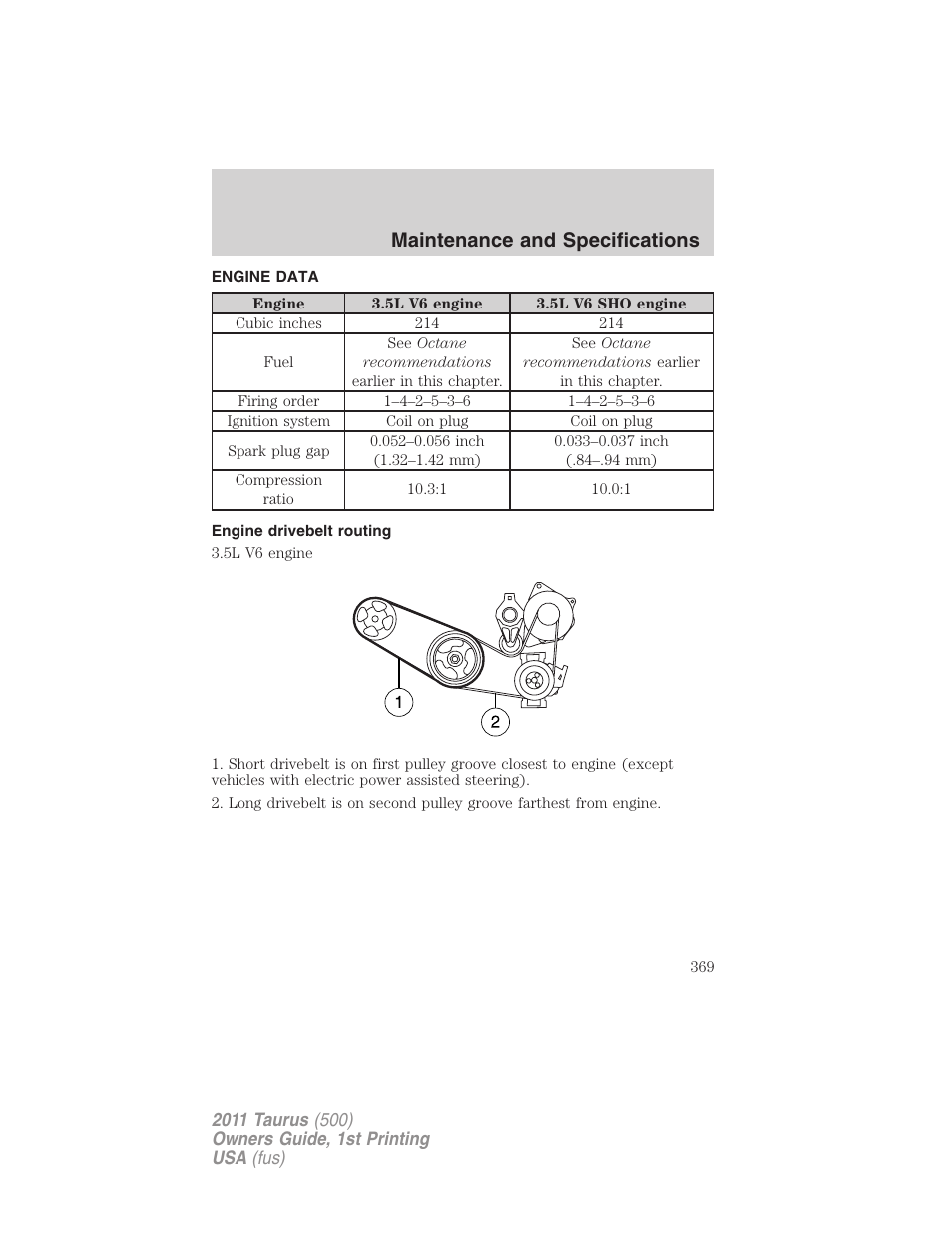 Engine data, Engine drivebelt routing, Maintenance and specifications | FORD 2011 Taurus v.1 User Manual | Page 369 / 406