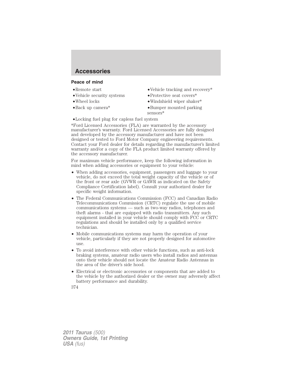 Peace of mind, Accessories | FORD 2011 Taurus v.1 User Manual | Page 374 / 406
