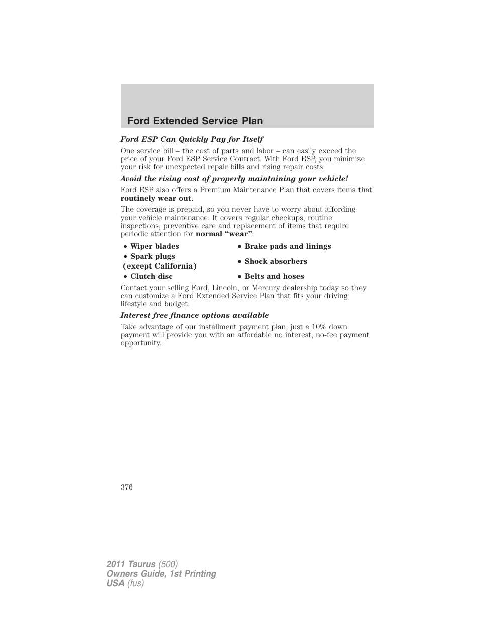 Ford extended service plan | FORD 2011 Taurus v.1 User Manual | Page 376 / 406