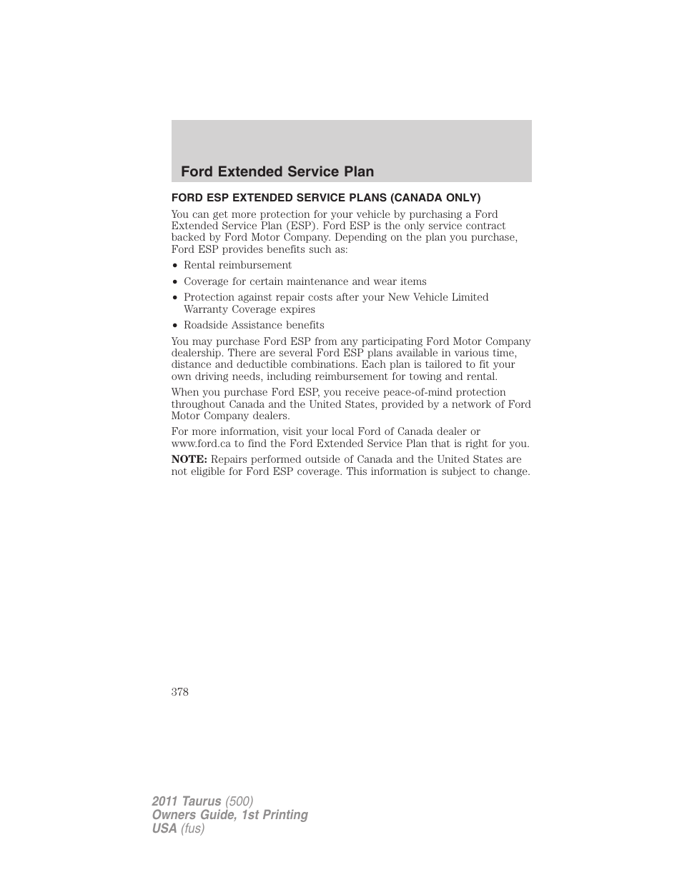 Ford esp extended service plans (canada only), Ford extended service plan | FORD 2011 Taurus v.1 User Manual | Page 378 / 406