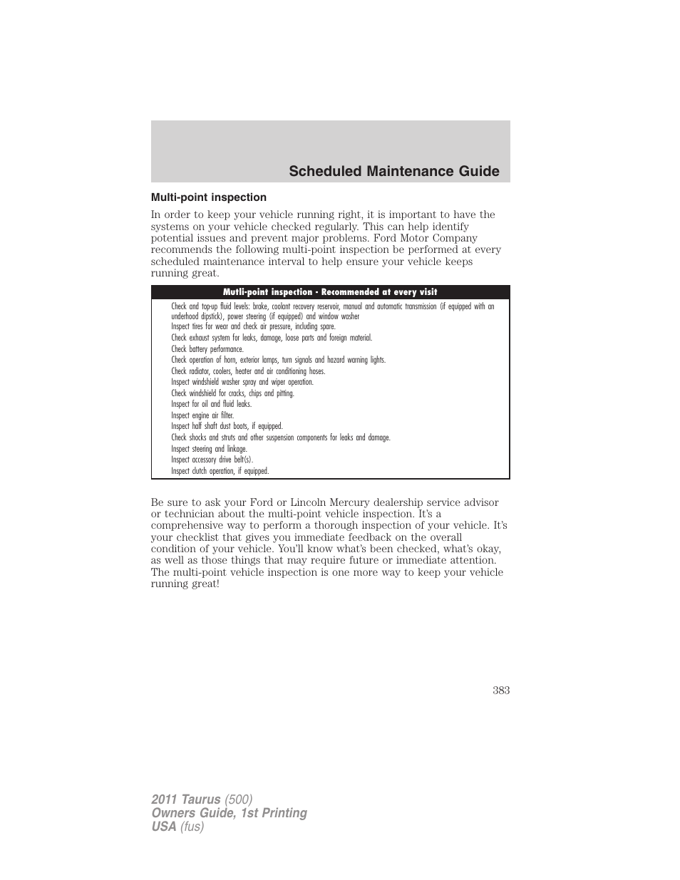 Multi-point inspection, Scheduled maintenance guide | FORD 2011 Taurus v.1 User Manual | Page 383 / 406