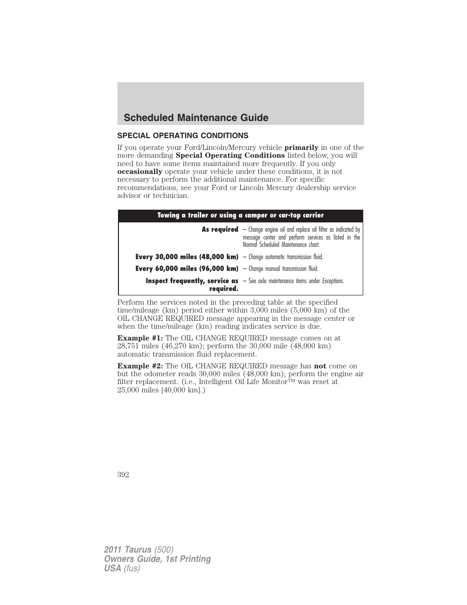 Special operating conditions, Scheduled maintenance guide | FORD 2011 Taurus v.1 User Manual | Page 392 / 406
