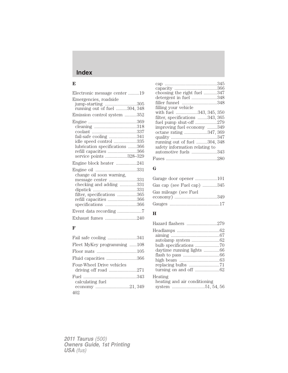 Index | FORD 2011 Taurus v.1 User Manual | Page 402 / 406