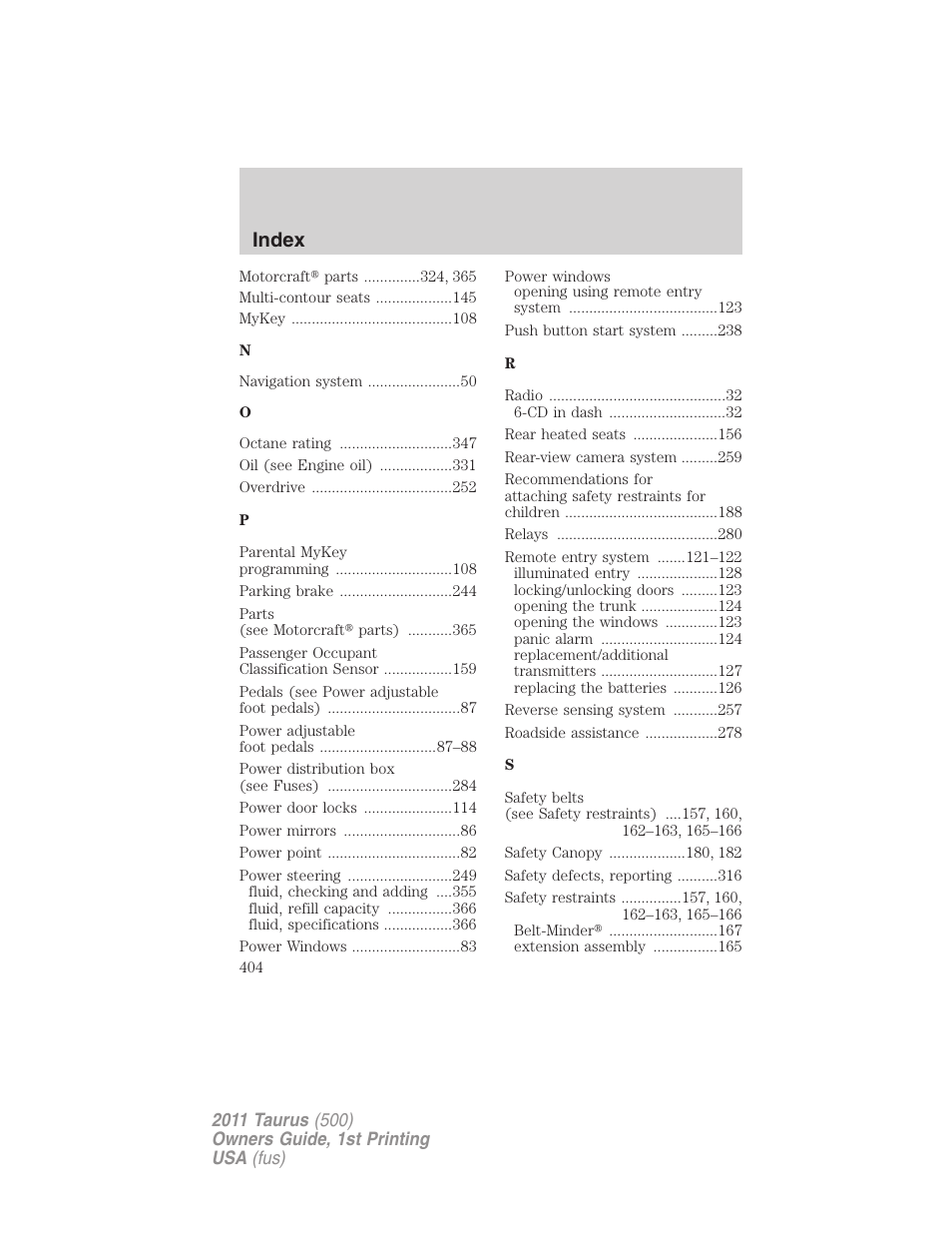 Index | FORD 2011 Taurus v.1 User Manual | Page 404 / 406
