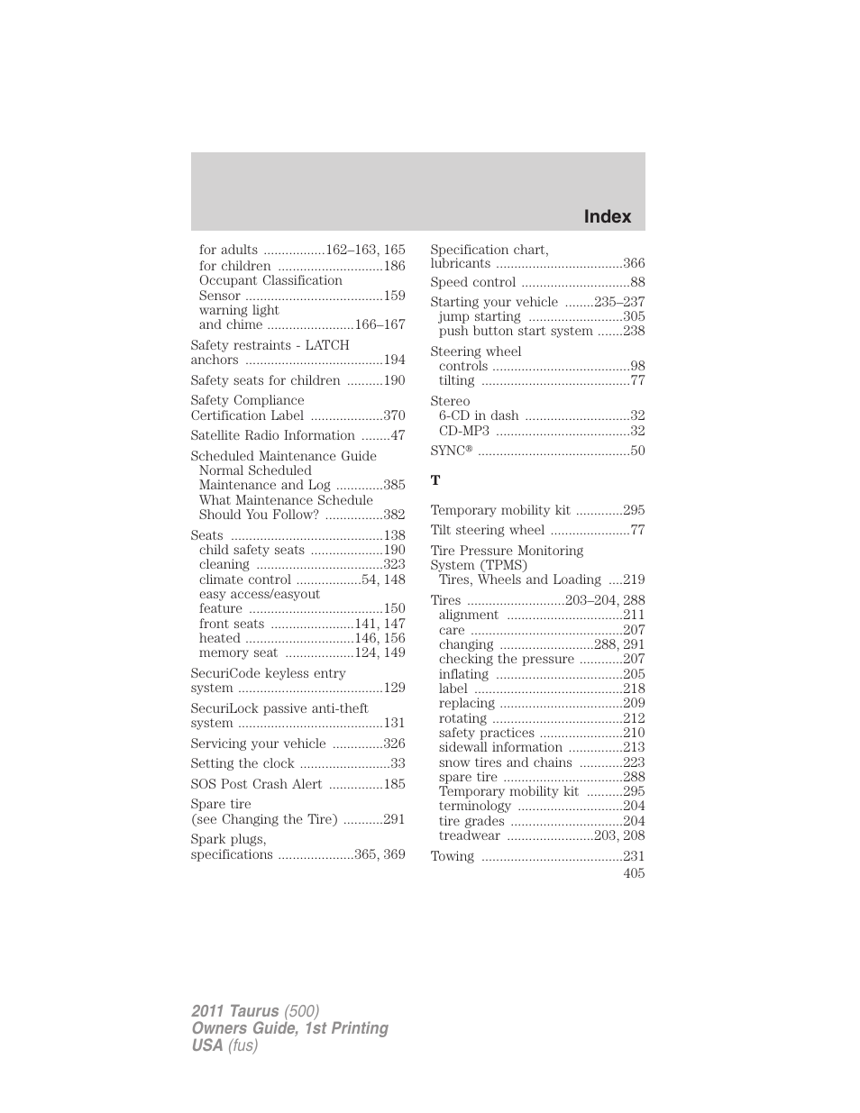 Index | FORD 2011 Taurus v.1 User Manual | Page 405 / 406