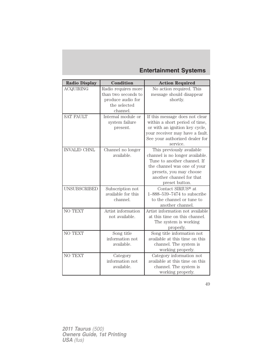 Entertainment systems | FORD 2011 Taurus v.1 User Manual | Page 49 / 406