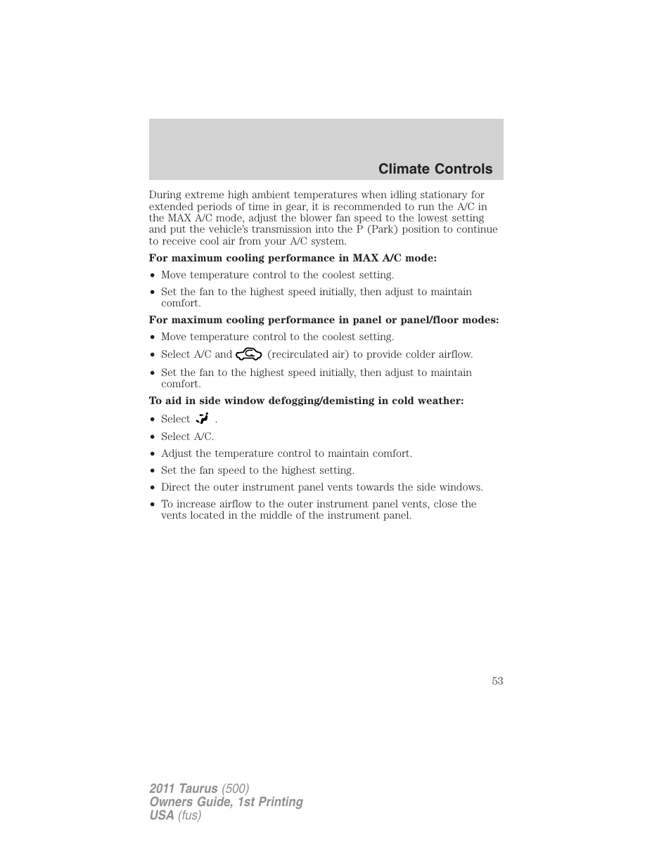 Climate controls | FORD 2011 Taurus v.1 User Manual | Page 53 / 406