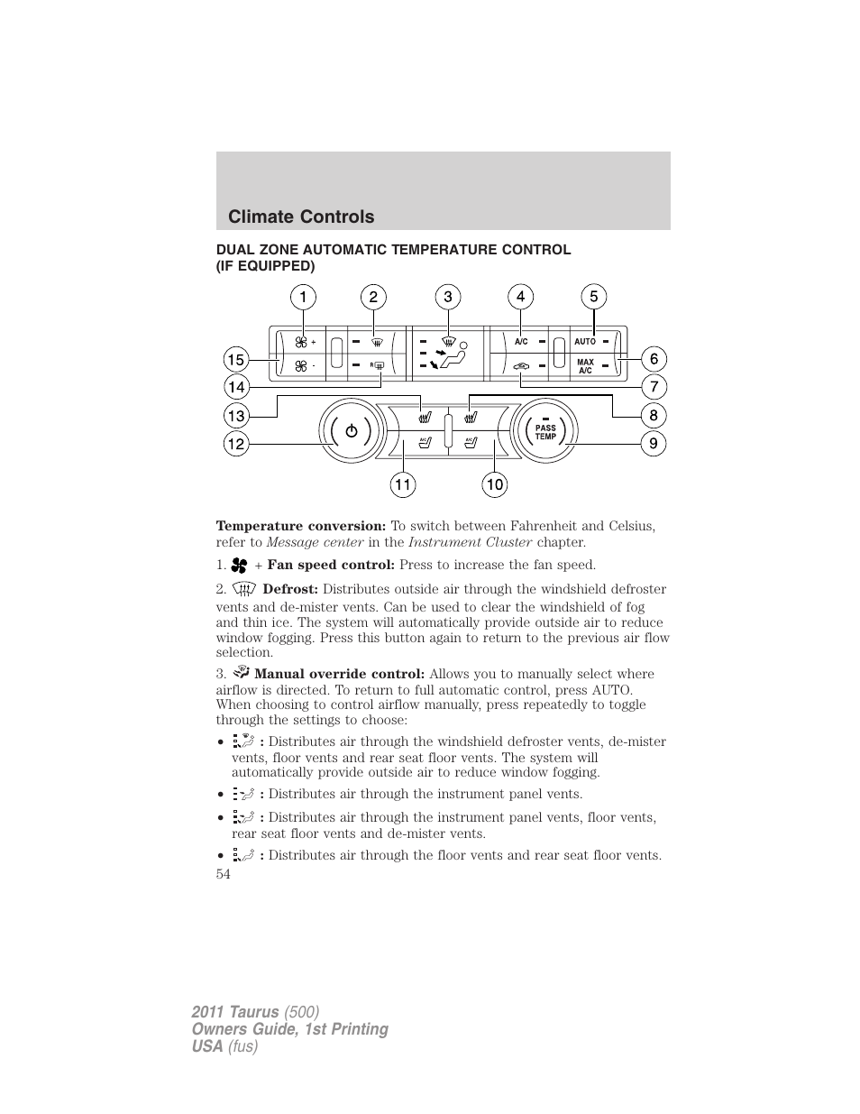 Dual electronic automatic temperature control, Climate controls | FORD 2011 Taurus v.1 User Manual | Page 54 / 406