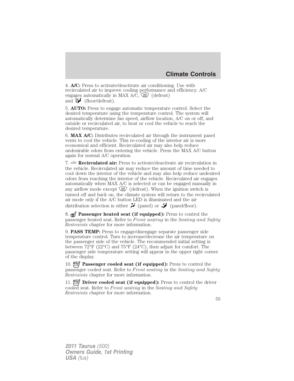 Climate controls | FORD 2011 Taurus v.1 User Manual | Page 55 / 406