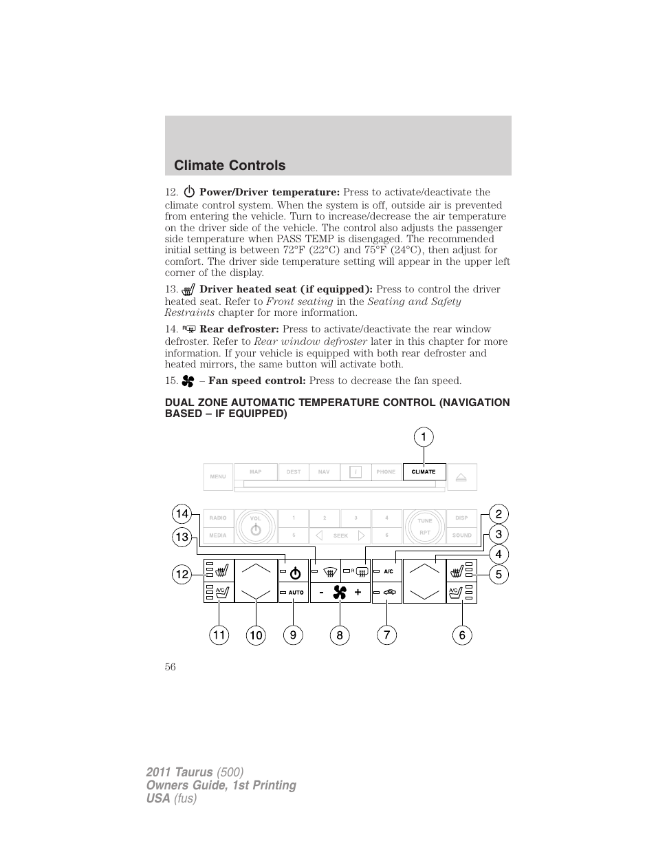 Navigation system based climate control, Climate controls | FORD 2011 Taurus v.1 User Manual | Page 56 / 406