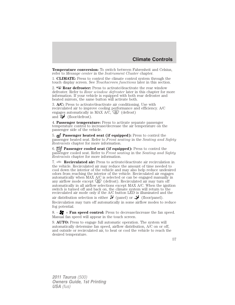 Climate controls | FORD 2011 Taurus v.1 User Manual | Page 57 / 406