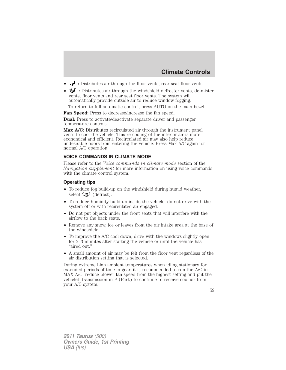 Voice commands in climate mode, Operating tips, Climate controls | FORD 2011 Taurus v.1 User Manual | Page 59 / 406
