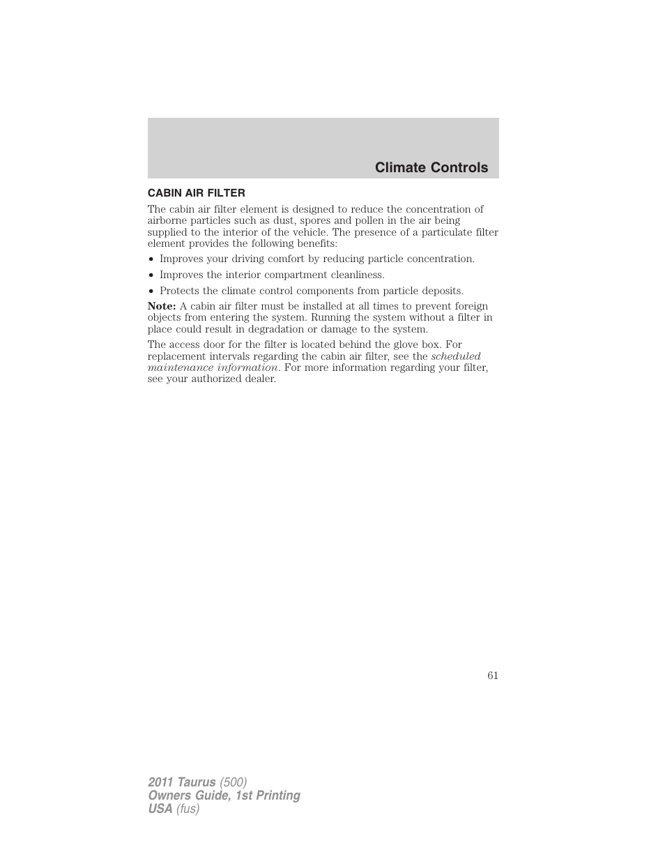 Cabin air filter, Climate controls | FORD 2011 Taurus v.1 User Manual | Page 61 / 406