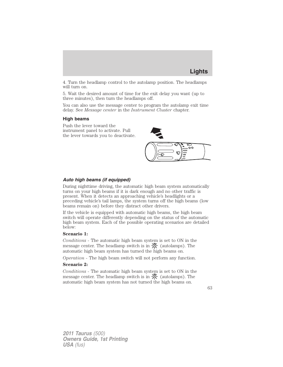 High beams, Auto high beams (if equipped), Lights | FORD 2011 Taurus v.1 User Manual | Page 63 / 406