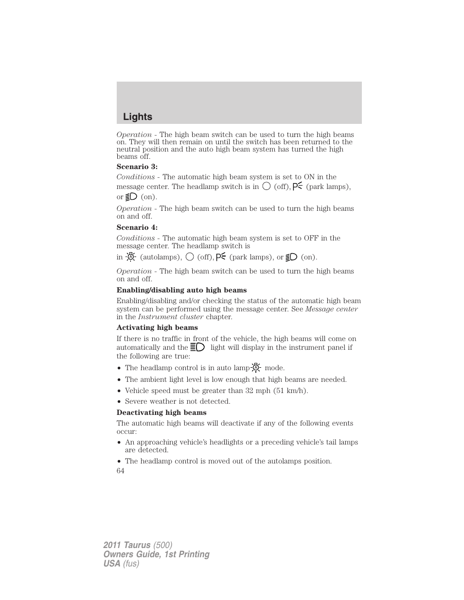 Lights | FORD 2011 Taurus v.1 User Manual | Page 64 / 406