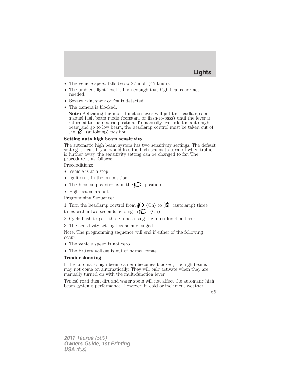 Lights | FORD 2011 Taurus v.1 User Manual | Page 65 / 406