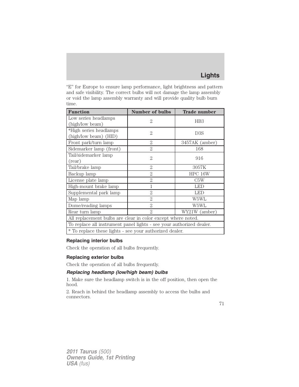 Replacing interior bulbs, Replacing exterior bulbs, Replacing headlamp (low/high beam) bulbs | Lights | FORD 2011 Taurus v.1 User Manual | Page 71 / 406