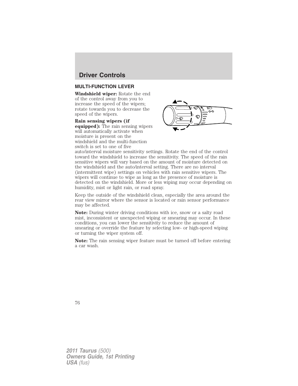 Driver controls, Multi-function lever, Windshield wiper/washer control | FORD 2011 Taurus v.1 User Manual | Page 76 / 406