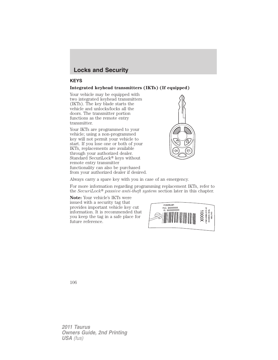 Locks and security, Keys | FORD 2011 Taurus v.2 User Manual | Page 106 / 404