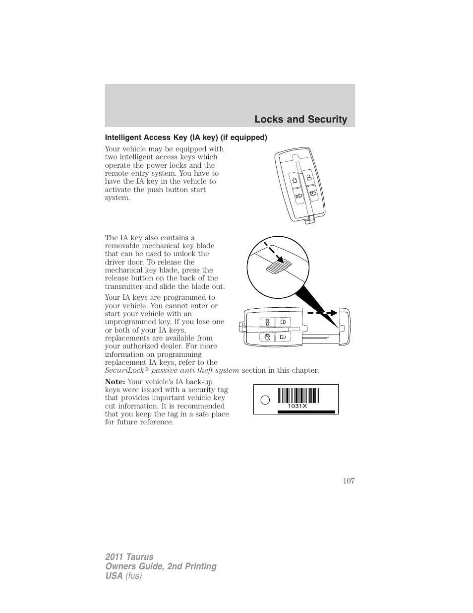 Intelligent access key (ia key) (if equipped), Locks and security | FORD 2011 Taurus v.2 User Manual | Page 107 / 404