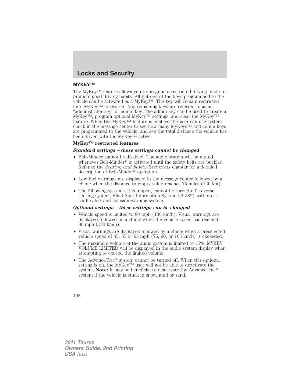 Mykey, Locks and security | FORD 2011 Taurus v.2 User Manual | Page 108 / 404
