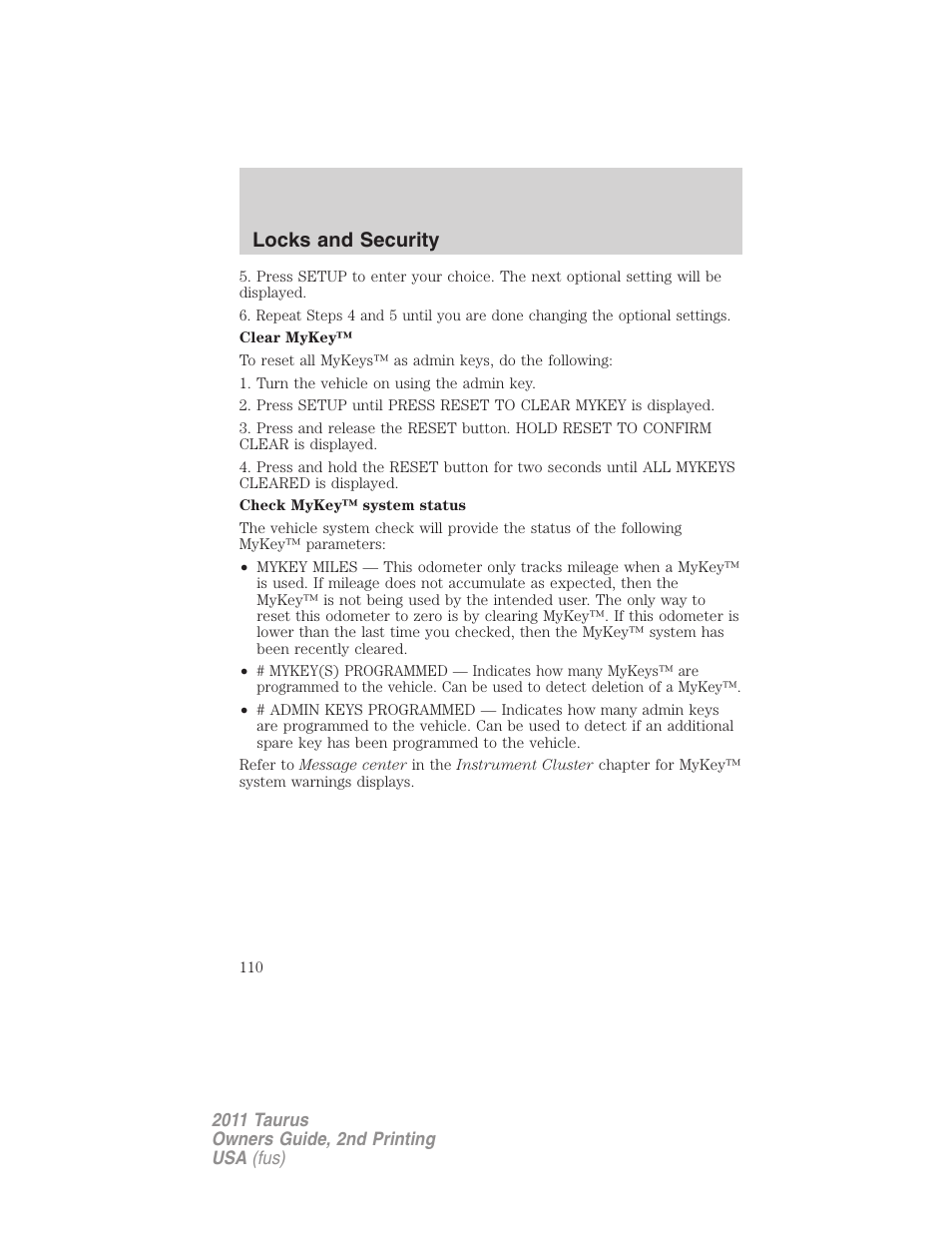 Locks and security | FORD 2011 Taurus v.2 User Manual | Page 110 / 404