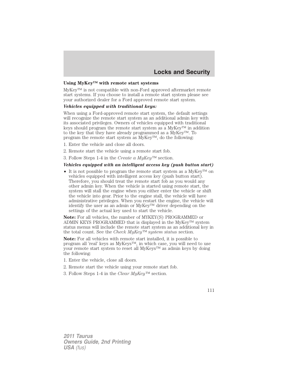 Locks and security | FORD 2011 Taurus v.2 User Manual | Page 111 / 404