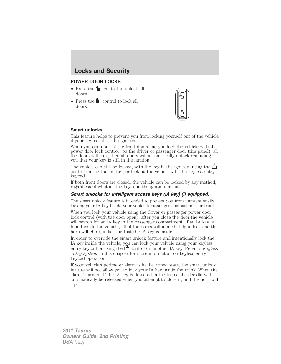 Power door locks, Smart unlocks, Locks | Locks and security | FORD 2011 Taurus v.2 User Manual | Page 114 / 404