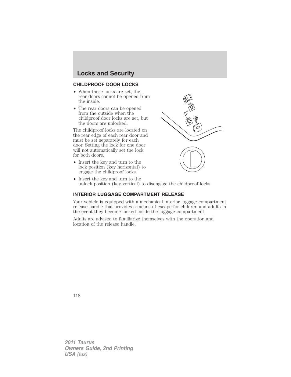 Childproof door locks, Interior luggage compartment release, Locks and security | FORD 2011 Taurus v.2 User Manual | Page 118 / 404