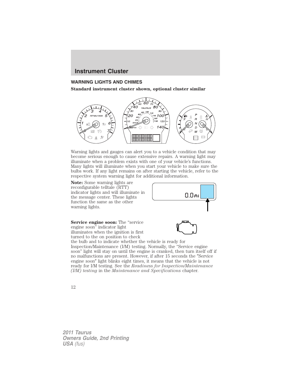 Instrument cluster, Warning lights and chimes | FORD 2011 Taurus v.2 User Manual | Page 12 / 404