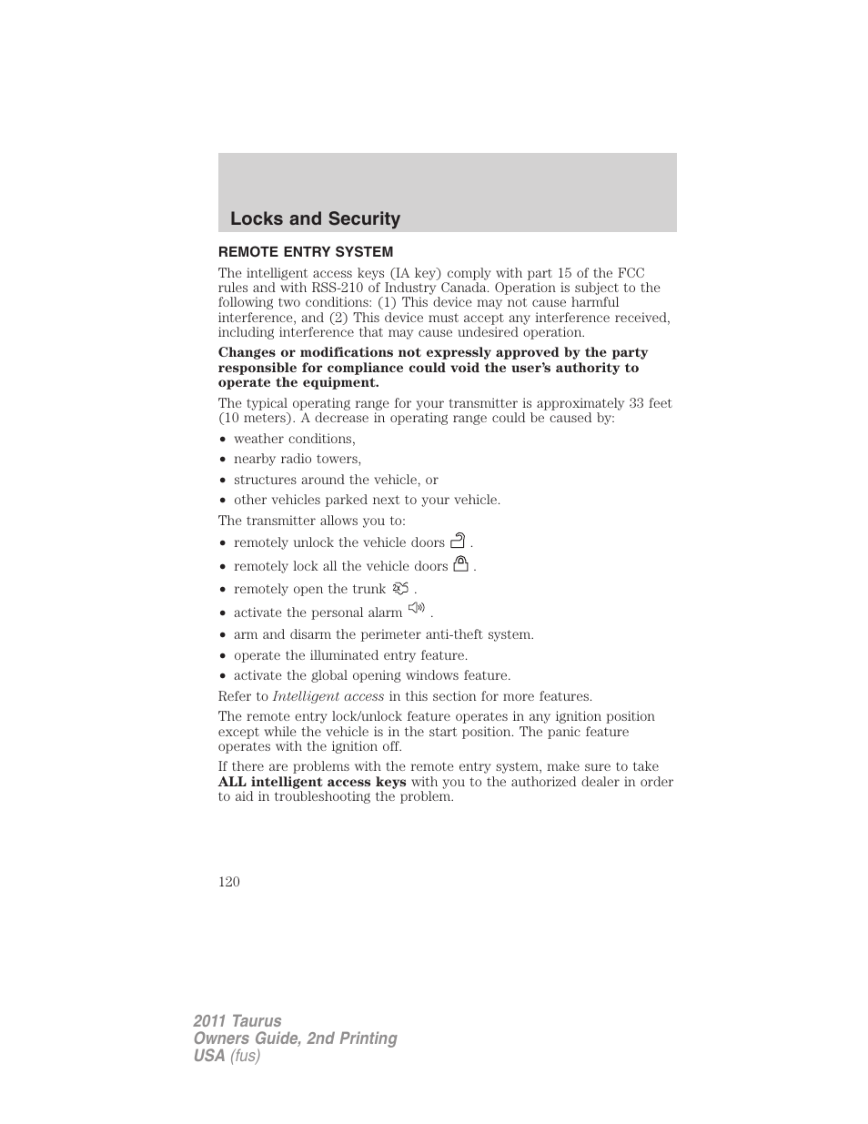 Remote entry system, Locks and security | FORD 2011 Taurus v.2 User Manual | Page 120 / 404