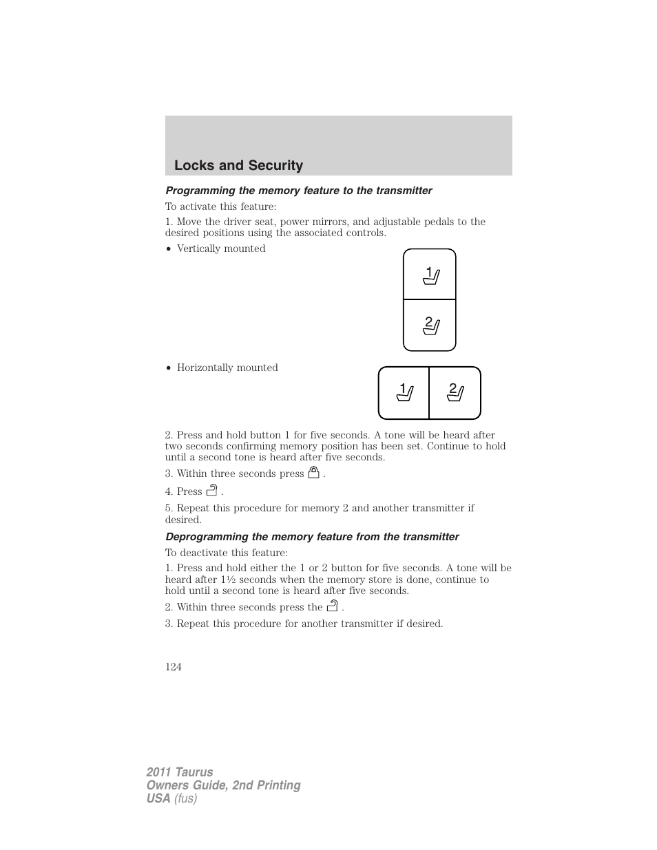 Programming the memory feature to the transmitter, Locks and security | FORD 2011 Taurus v.2 User Manual | Page 124 / 404