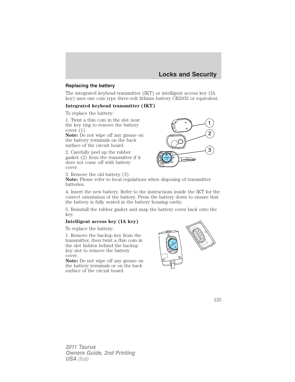 Replacing the battery, Locks and security | FORD 2011 Taurus v.2 User Manual | Page 125 / 404