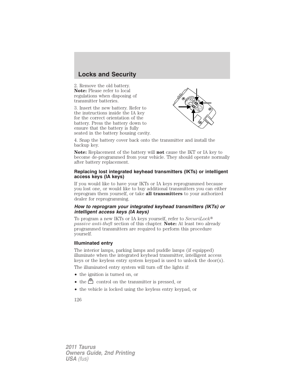 Illuminated entry, Locks and security | FORD 2011 Taurus v.2 User Manual | Page 126 / 404