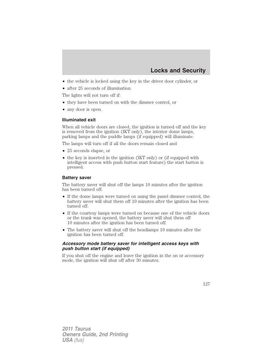 Illuminated exit, Battery saver, Locks and security | FORD 2011 Taurus v.2 User Manual | Page 127 / 404