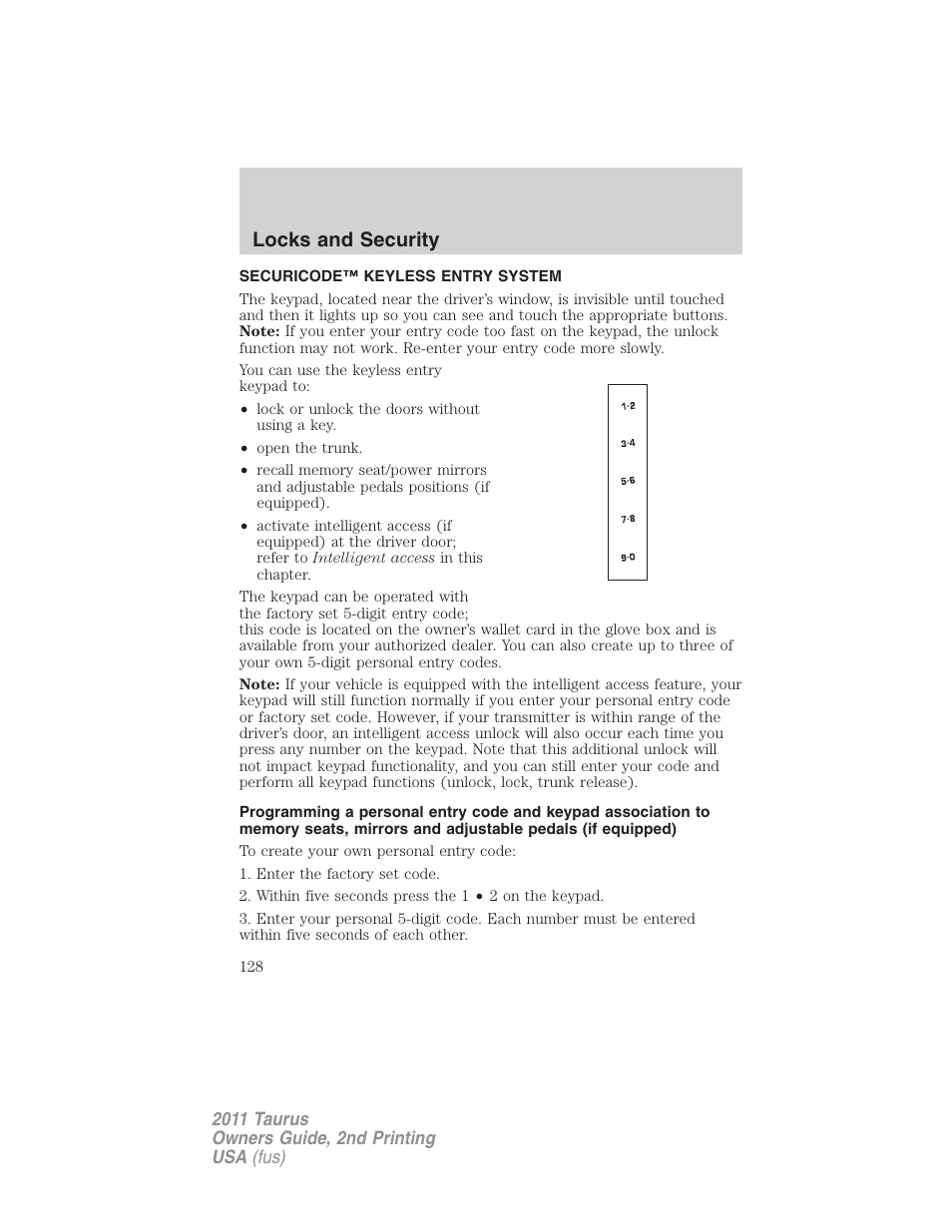 Securicode™ keyless entry system, Locks and security | FORD 2011 Taurus v.2 User Manual | Page 128 / 404