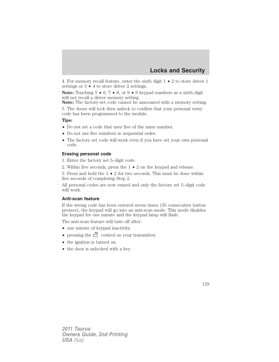 Erasing personal code, Anti-scan feature, Locks and security | FORD 2011 Taurus v.2 User Manual | Page 129 / 404
