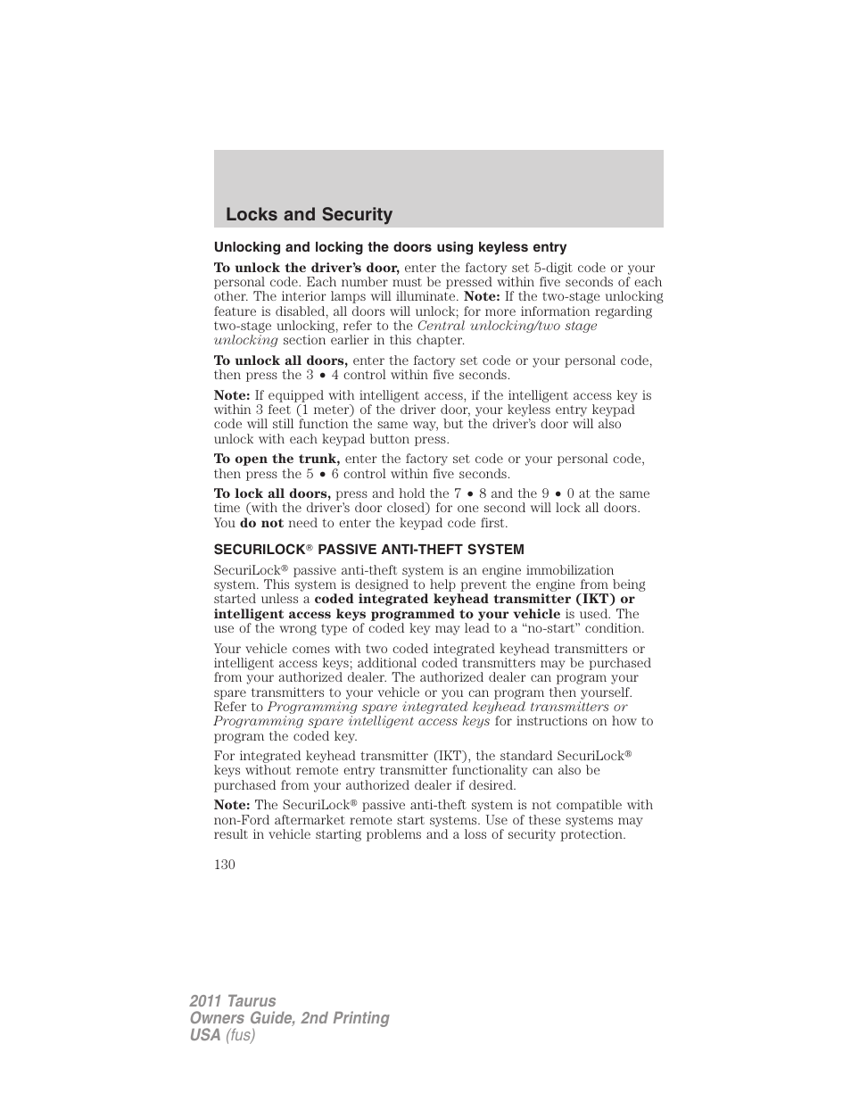 Securilock passive anti-theft system, Anti-theft system, Locks and security | FORD 2011 Taurus v.2 User Manual | Page 130 / 404