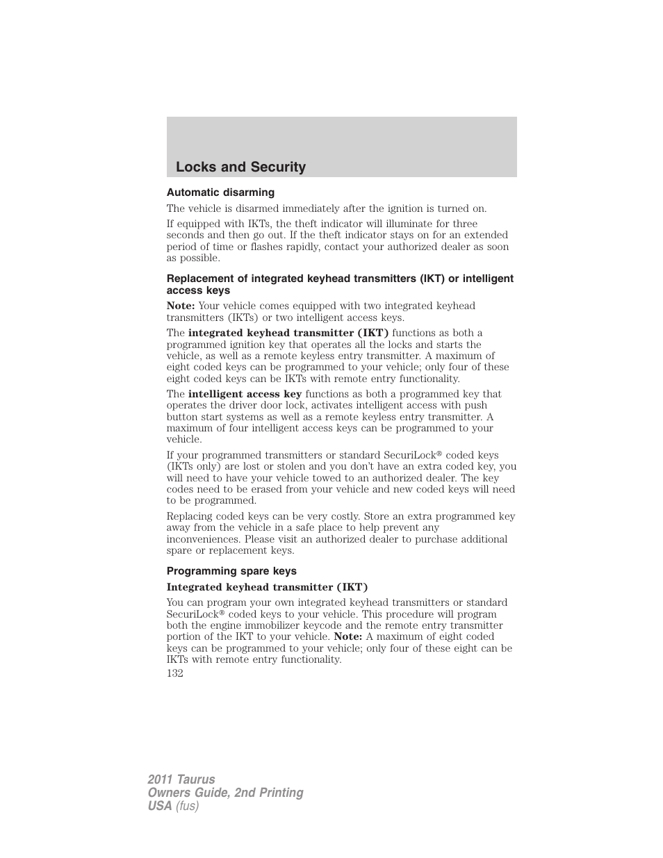 Automatic disarming, Programming spare keys, Locks and security | FORD 2011 Taurus v.2 User Manual | Page 132 / 404