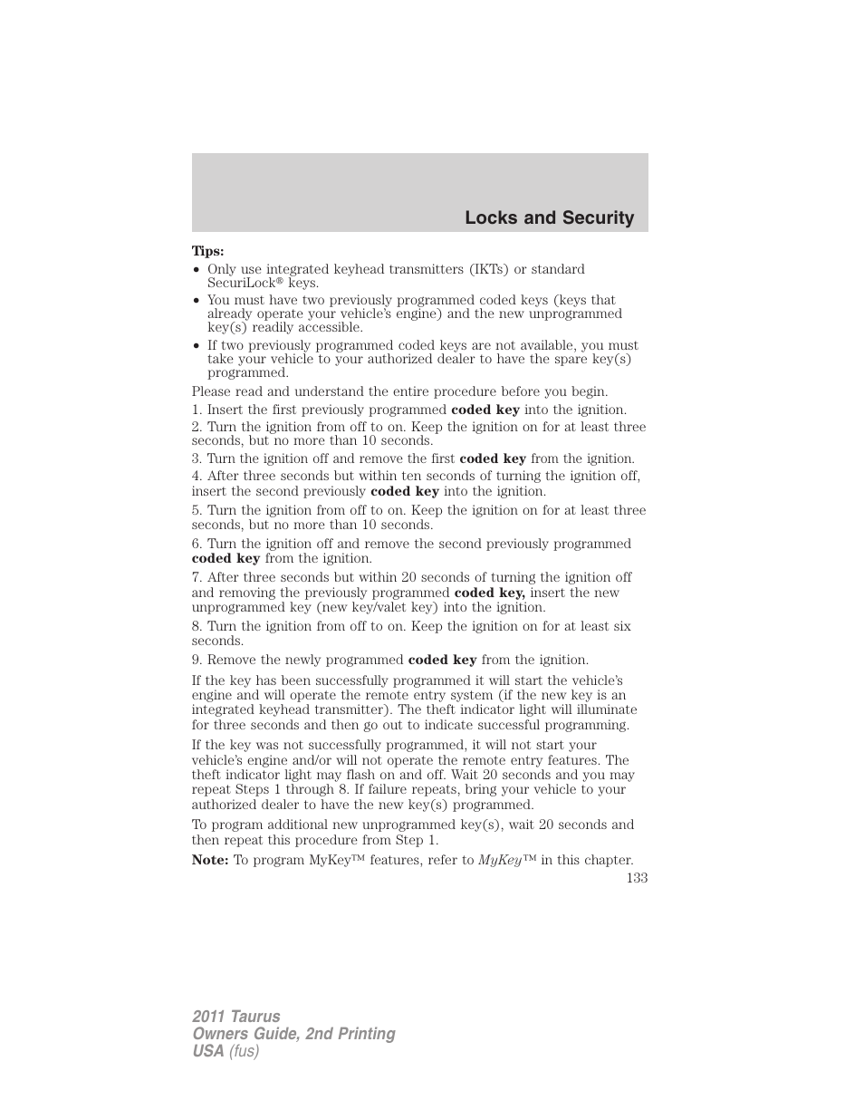 Locks and security | FORD 2011 Taurus v.2 User Manual | Page 133 / 404