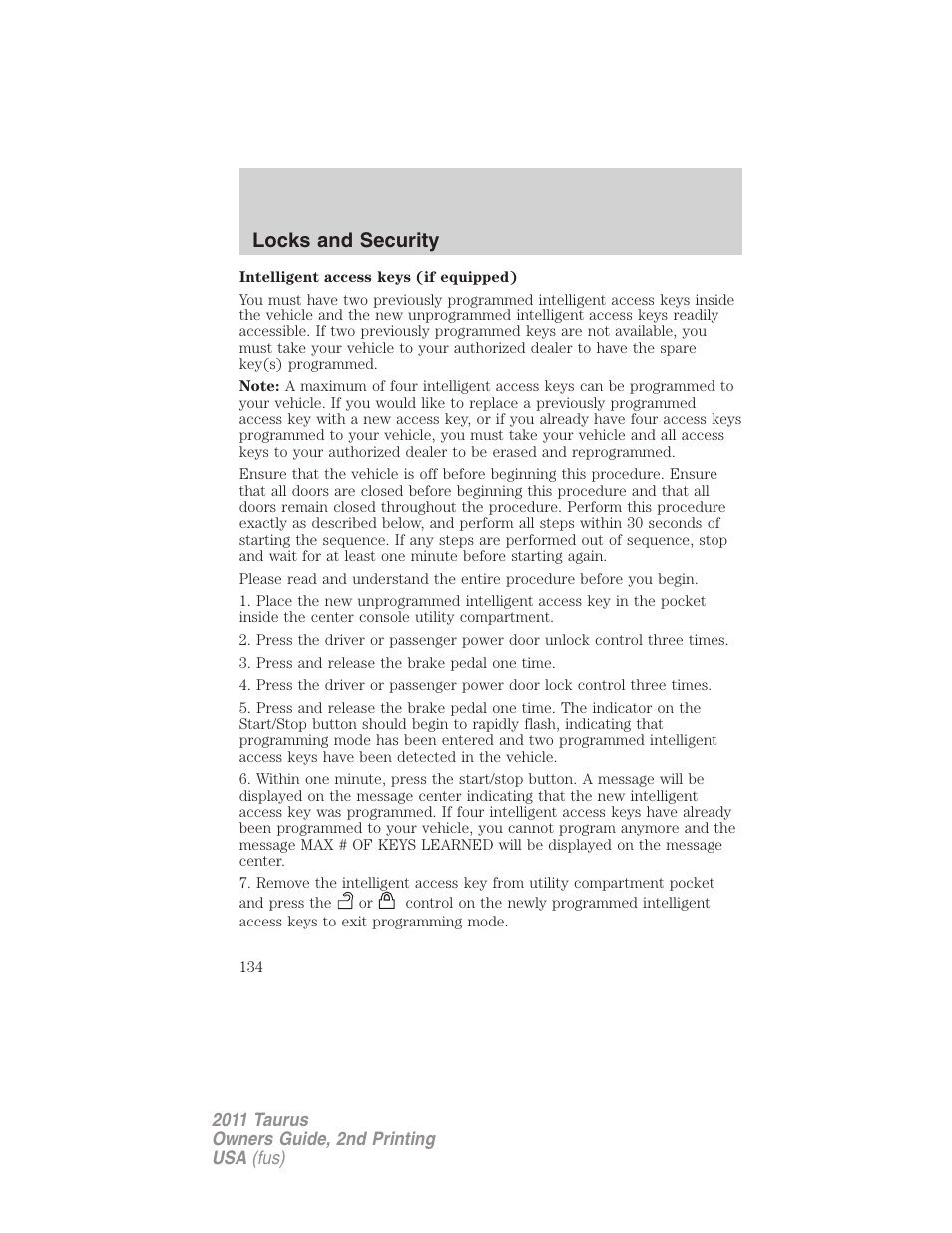 Locks and security | FORD 2011 Taurus v.2 User Manual | Page 134 / 404