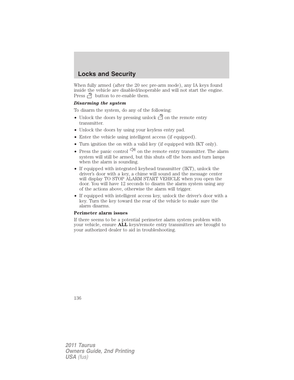 Locks and security | FORD 2011 Taurus v.2 User Manual | Page 136 / 404