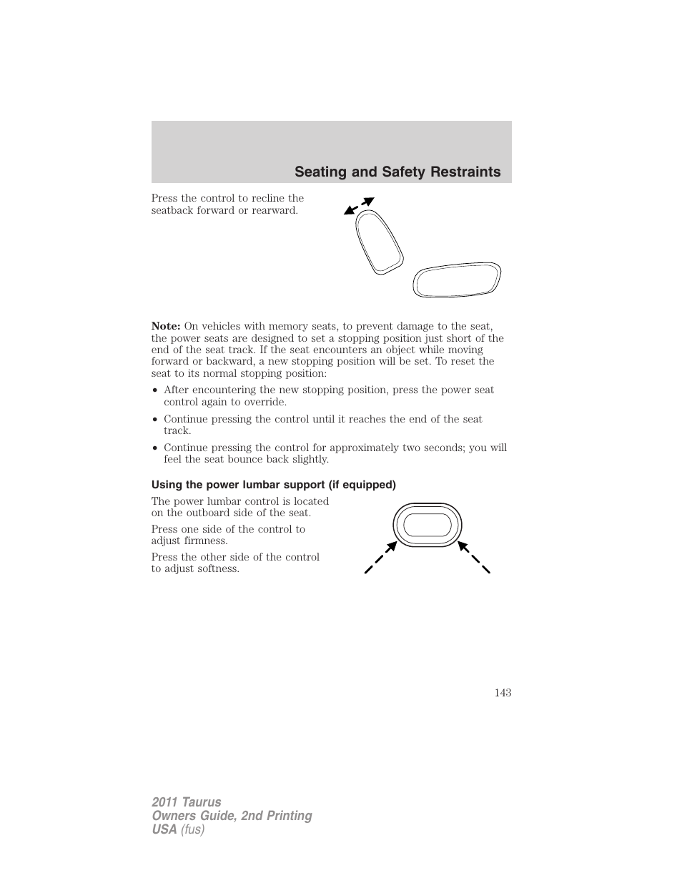 Using the power lumbar support (if equipped), Seating and safety restraints | FORD 2011 Taurus v.2 User Manual | Page 143 / 404