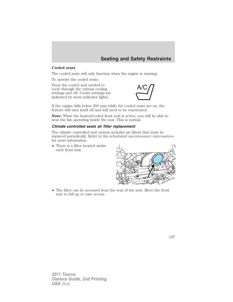 Climate controlled seats air filter replacement, Seating and safety restraints | FORD 2011 Taurus v.2 User Manual | Page 147 / 404