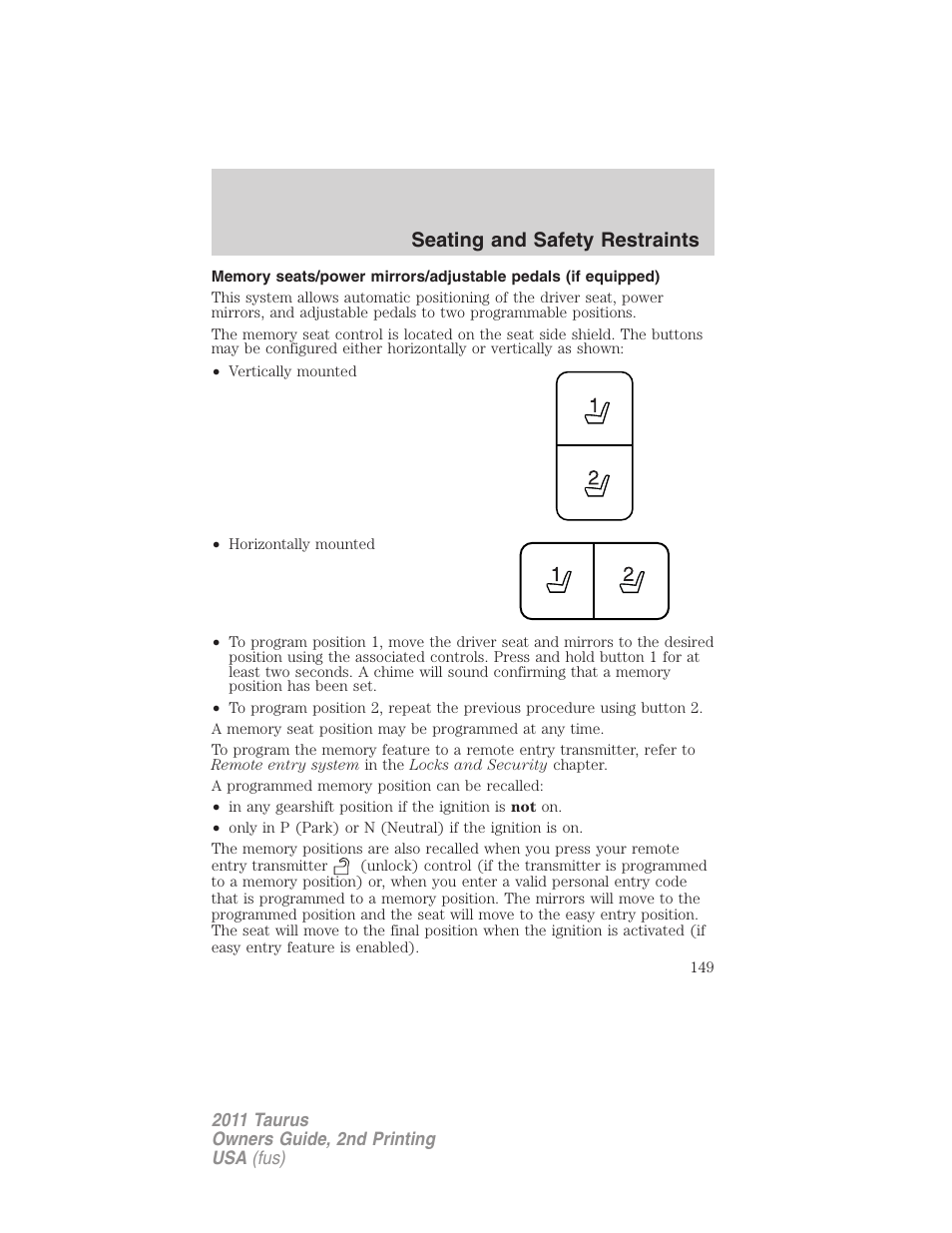 Seating and safety restraints | FORD 2011 Taurus v.2 User Manual | Page 149 / 404