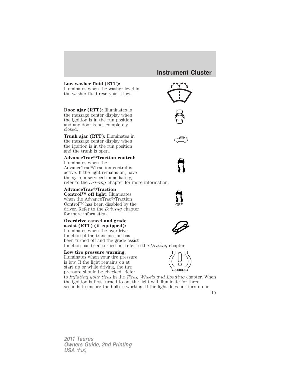 Instrument cluster | FORD 2011 Taurus v.2 User Manual | Page 15 / 404